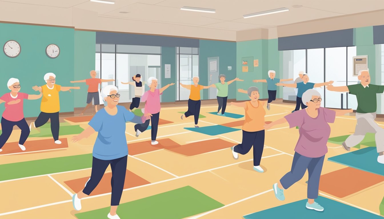 A group of active seniors participate in EASE hdb hip exercises at a community center in Singapore