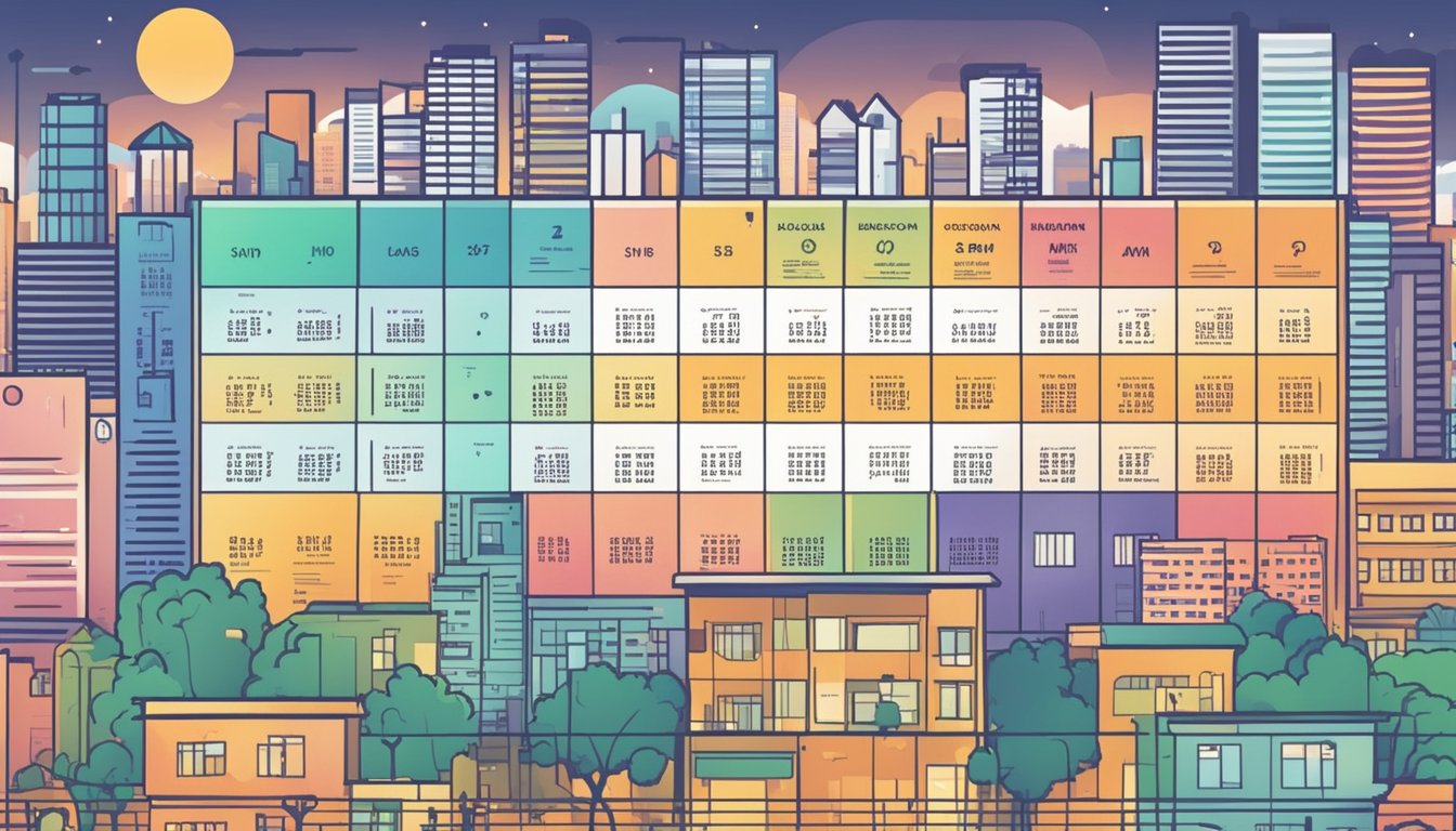 A colorful schedule chart with HDB hip program details, surrounded by question marks and a Singaporean cityscape in the background