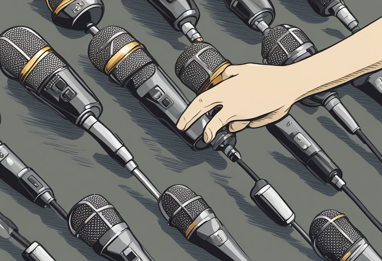 A hand reaches for a selection of stage microphones on a table, with various options displayed for comparison