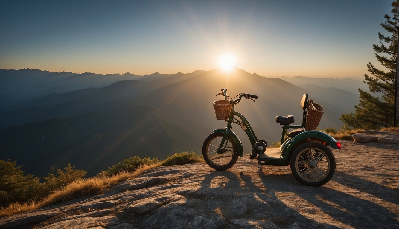 A tricycle sits atop a mountain peak, surrounded by a halo of light, symbolizing spiritual journey and divine guidance