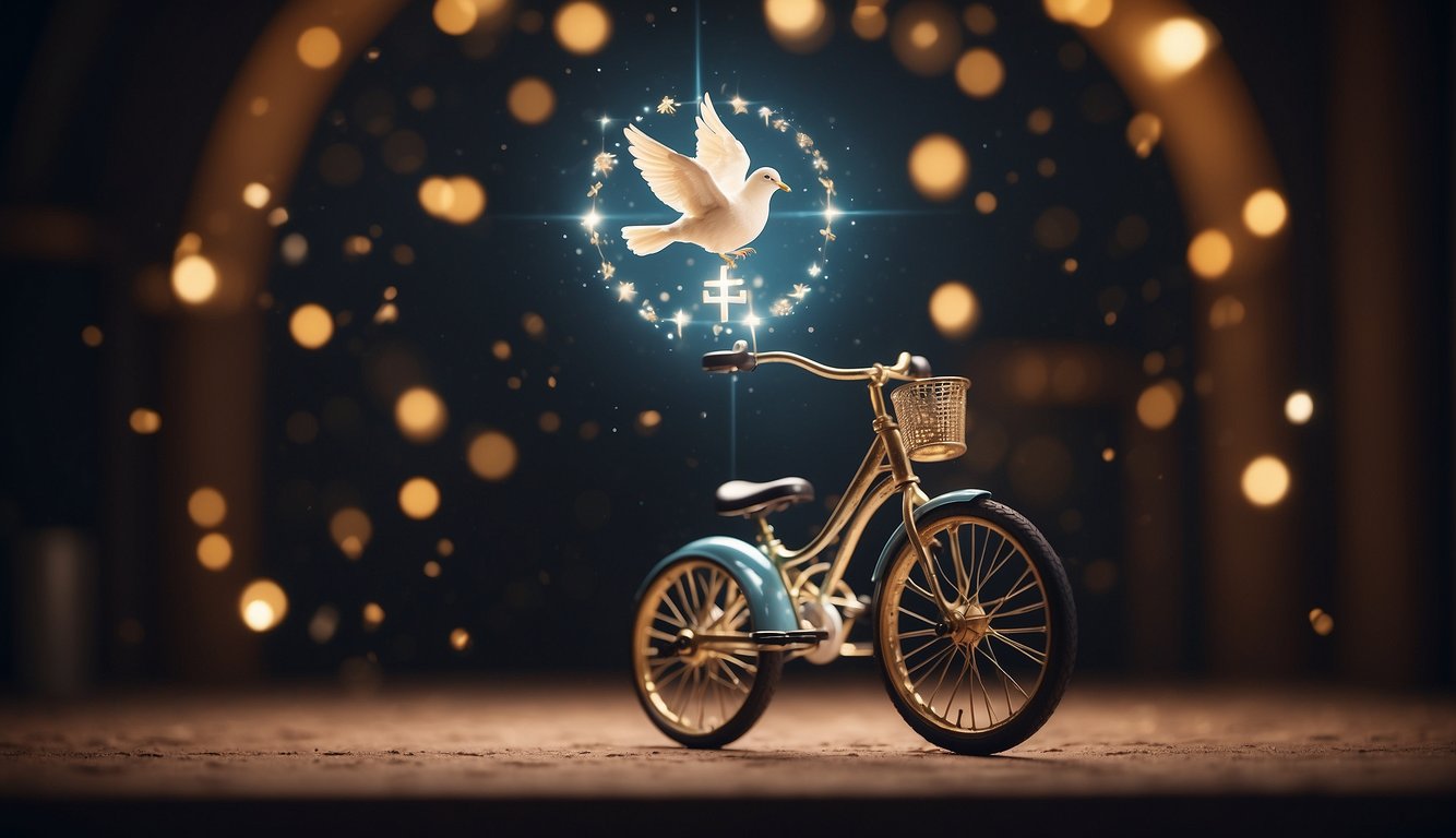 A tricycle floating in a dream with a glowing halo above it, surrounded by biblical symbols like a cross and a dove