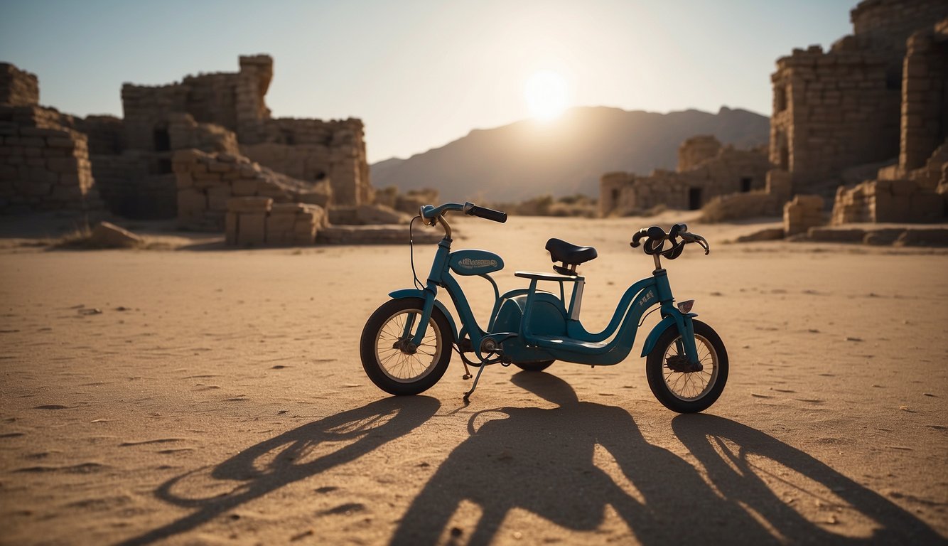 A tricycle stands alone in a desert, surrounded by ancient ruins and a glowing light above, representing spiritual guidance and journey in dreams