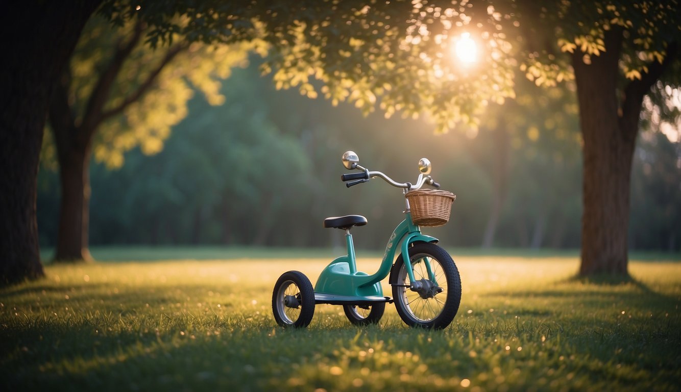 A tricycle sits in a dreamy, ethereal setting, surrounded by soft, glowing light. The tricycle symbolizes spiritual growth and the journey of faith