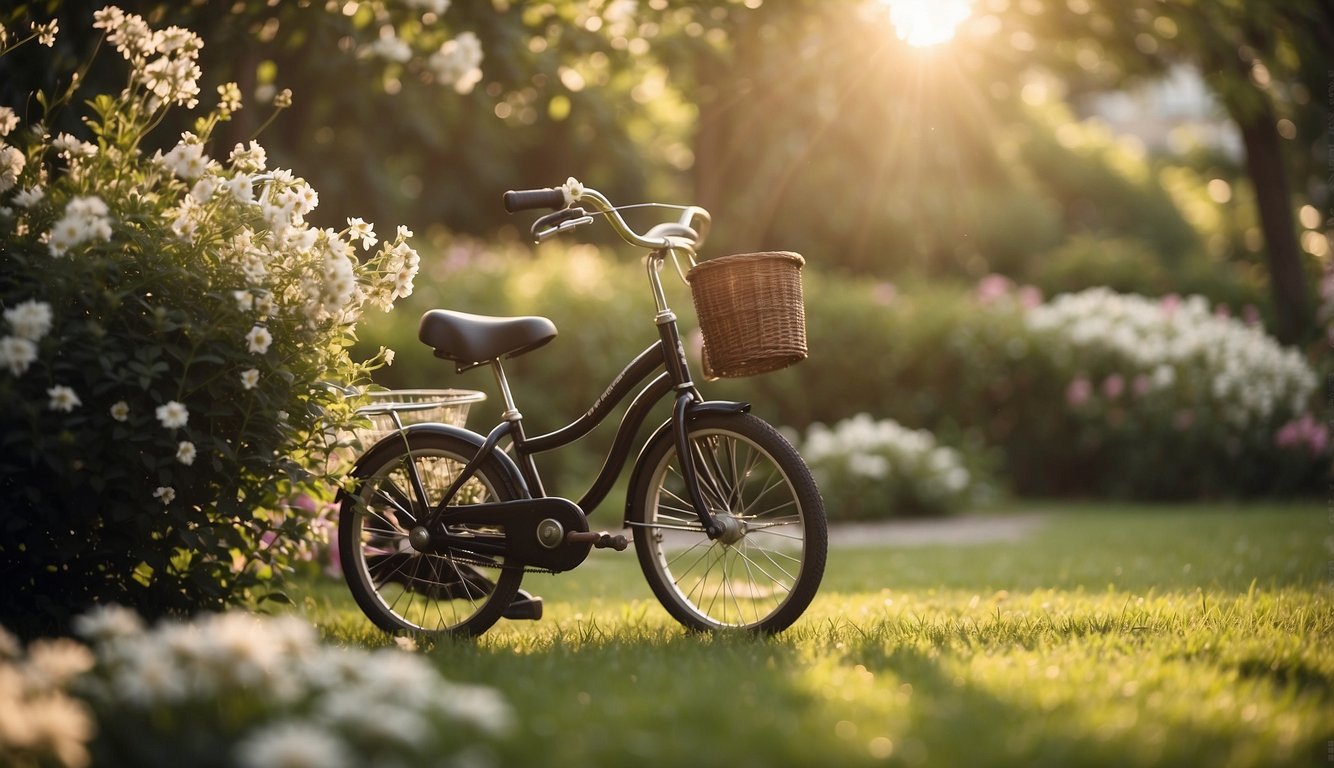 A tricycle sits in a peaceful garden, surrounded by blooming flowers and a gentle breeze. The sun shines down, casting a warm and comforting light on the scene