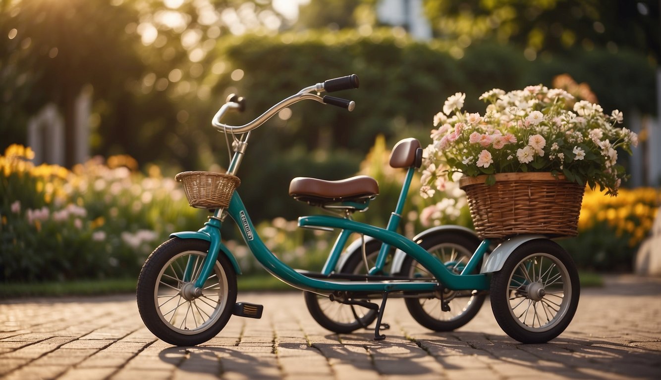 A tricycle sits in a peaceful garden, surrounded by blooming flowers and a serene atmosphere. The sun shines down, casting a warm glow over the scene