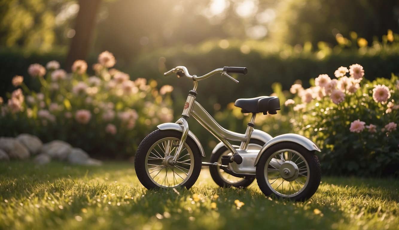 A tricycle sits in a peaceful garden, surrounded by blooming flowers and bathed in warm sunlight. The scene exudes a sense of tranquility and spiritual connection