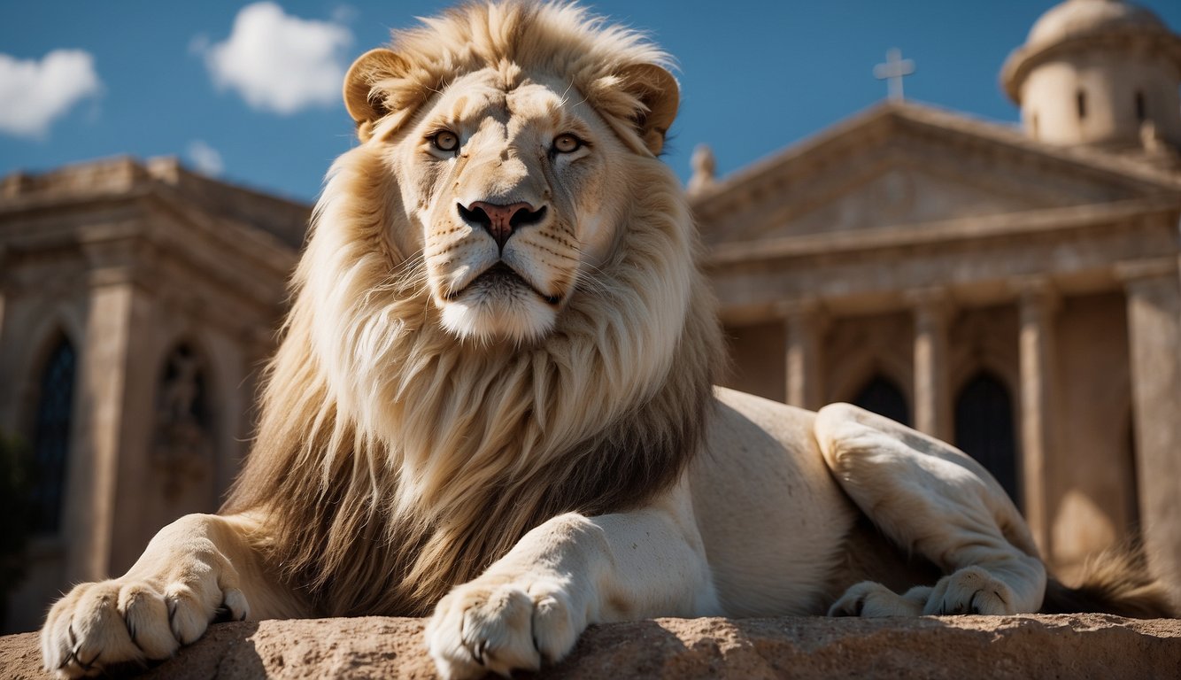 A majestic white lion stands proudly, surrounded by symbols of Christianity and biblical references, representing strength and divine protection