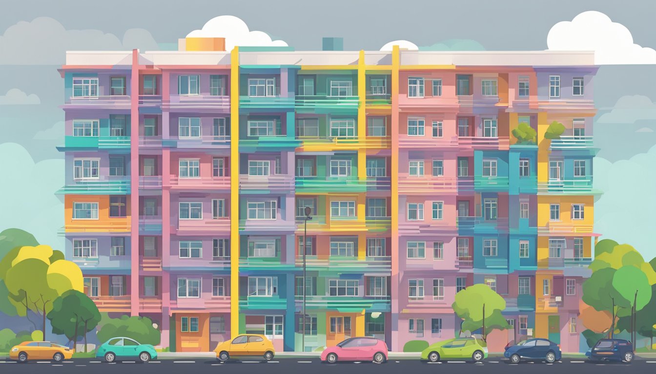A colorful HDB building stands tall with an HLE letter in the foreground, symbolizing homeownership in Singapore