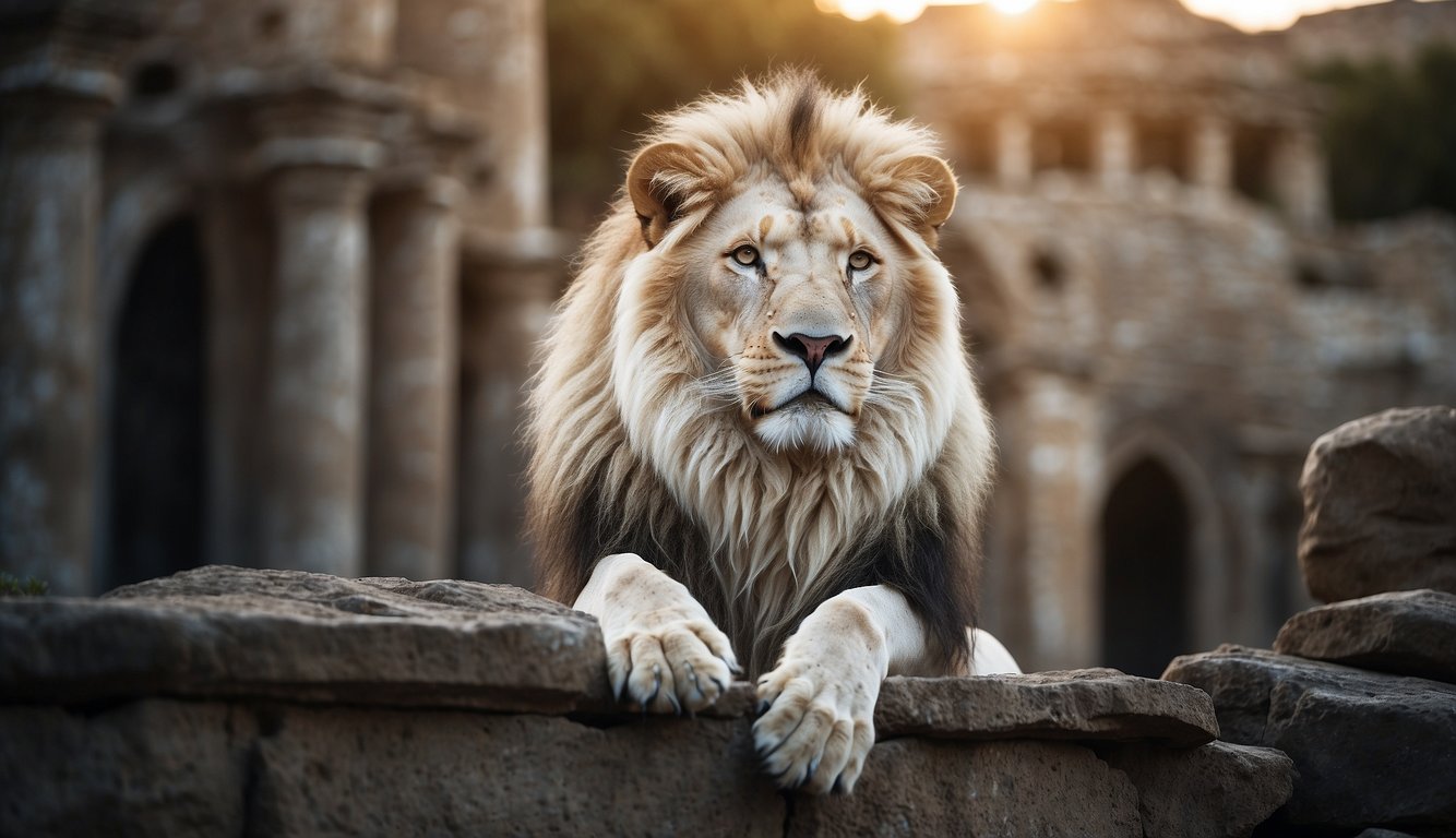 A majestic white lion stands proudly, surrounded by ancient ruins and symbols of Christianity, evoking a sense of reverence and spiritual significance
