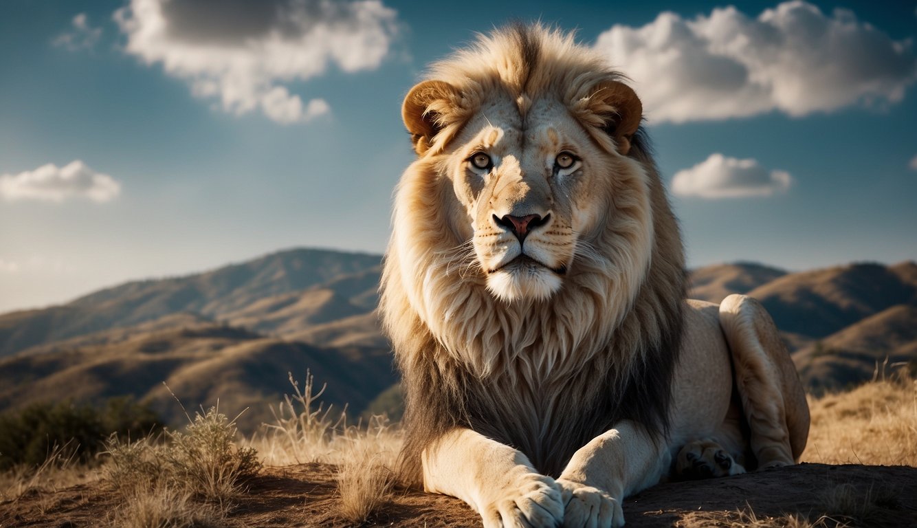 A majestic white lion stands in a dreamy landscape, surrounded by symbols of Christianity and biblical imagery. The lion exudes power and grace, with a sense of mystery and spiritual significance