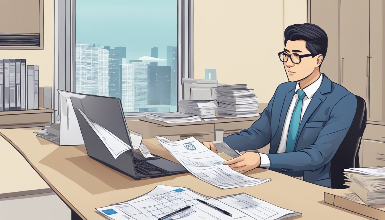 A person receiving a letter from HDB, sitting at a desk with financial documents, calculator, and a laptop, with a serious expression