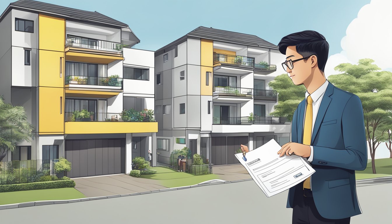 A person holding a letter from HDB, standing in front of a residential building, with a real estate agent handing over the keys