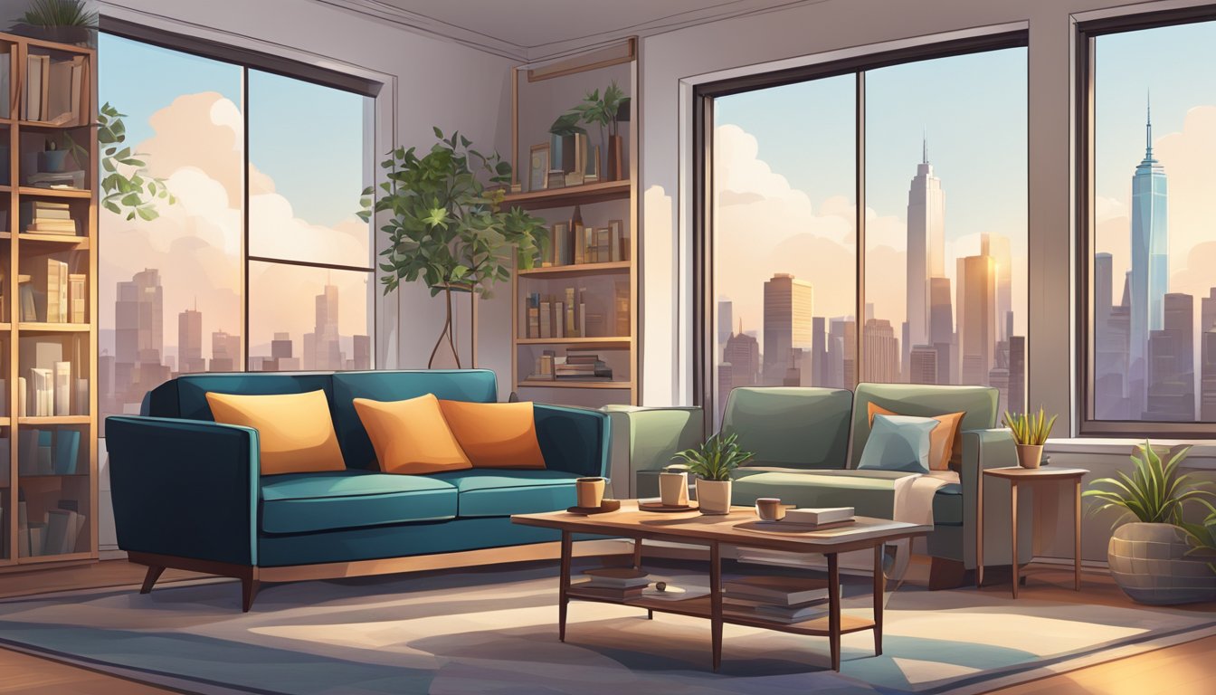 A cozy living room with a modern sofa, a coffee table, and a large window overlooking a city skyline. A shelf filled with books and decorative items