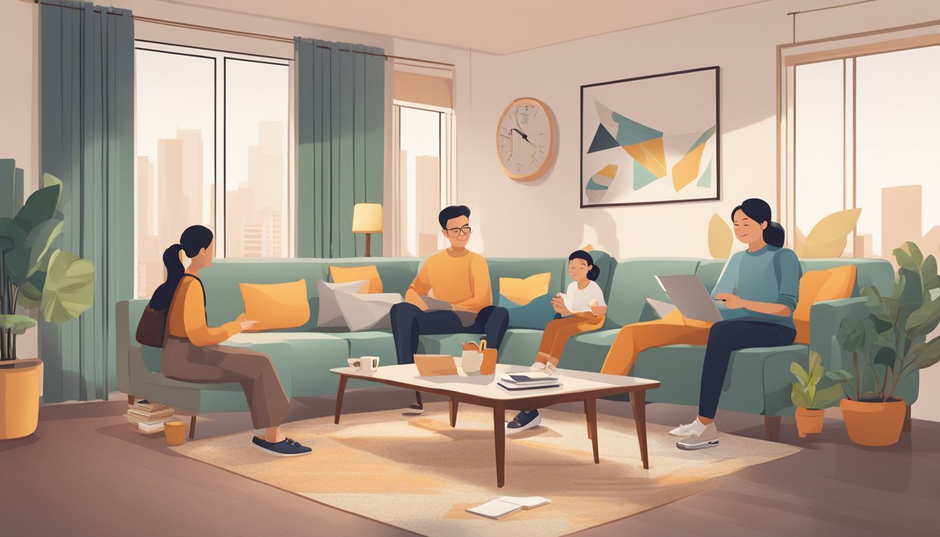 A cozy living room with a HDB flat in the background, showcasing a family enjoying their home. A visible HDB home insurance policy document is placed on the coffee table