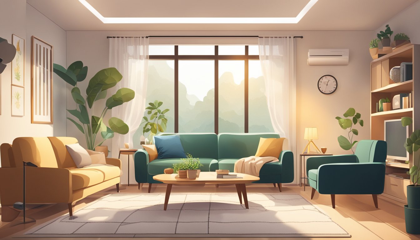 A cozy living room with a family enjoying the peace of mind that comes with HDB home insurance. The room is filled with warm light and comfortable furniture, creating a sense of security and protection