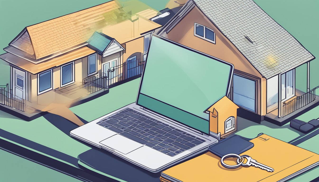 An open laptop displaying an insurance policy, with a set of keys and a house keychain next to it. A home with a "Protected by HDB Home Insurance" sign in the background