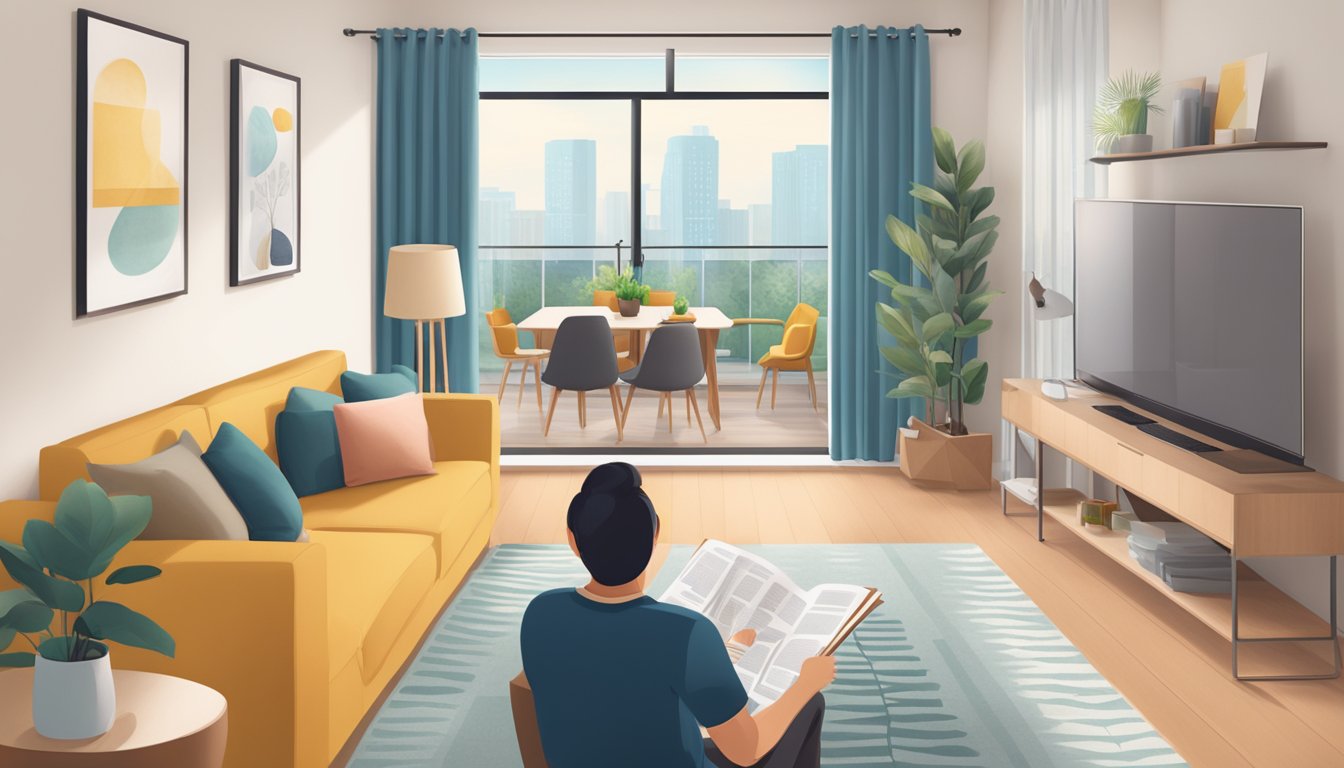 A homeowner reading a brochure on HDB home insurance, with a cozy living room in the background