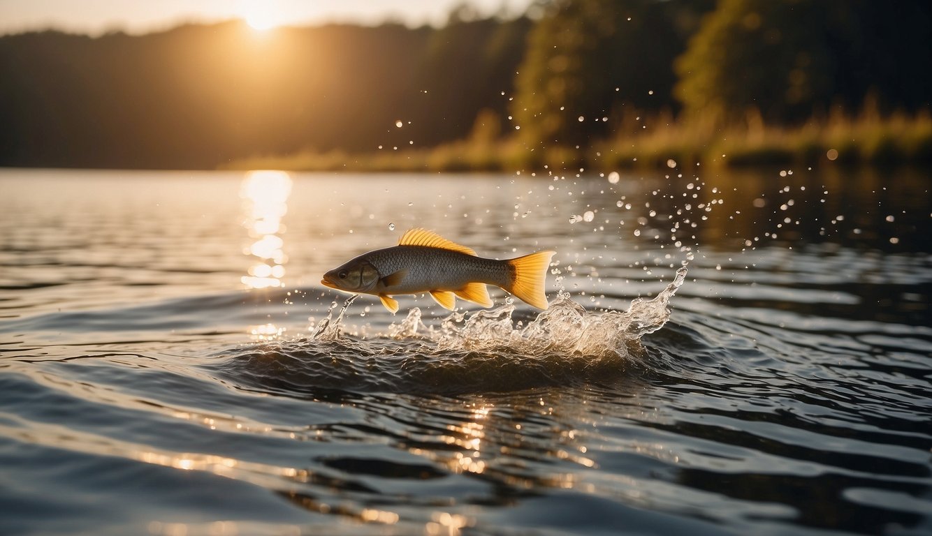 A serene lake at dawn, with a fish jumping out of the water, surrounded by a golden glow and a sense of peace