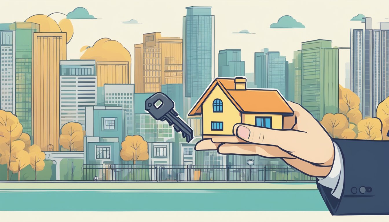 A hand holding a key with a house and a bank in the background, representing the concept of home loan interest rates in Singapore