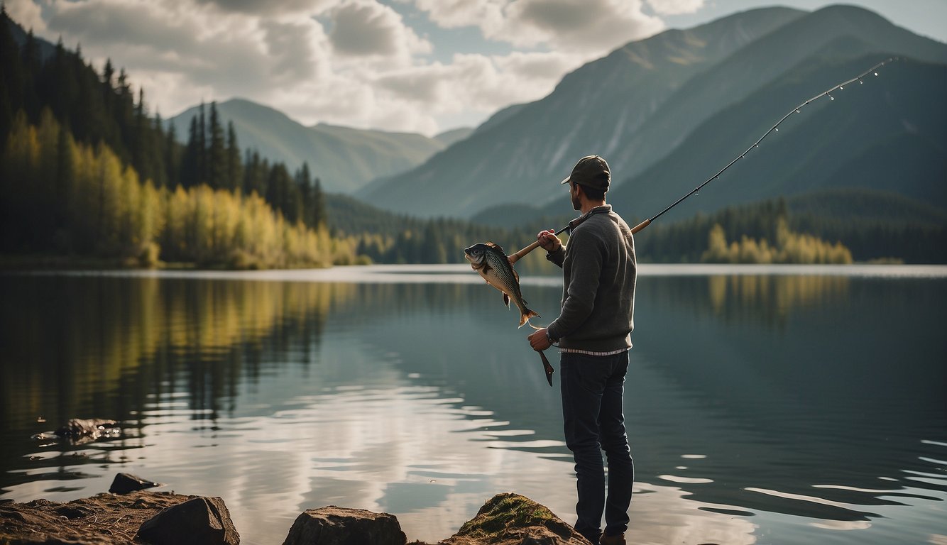 A person standing by a calm lake, surrounded by a peaceful landscape. A fishing rod is in hand, with a fish jumping out of the water
