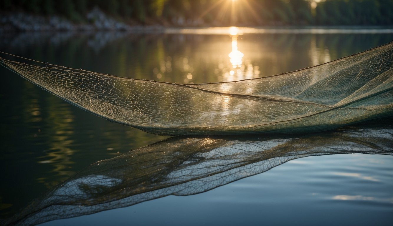 A fishing net is cast into a shimmering, tranquil lake, capturing a multitude of glistening fish in its intricate mesh