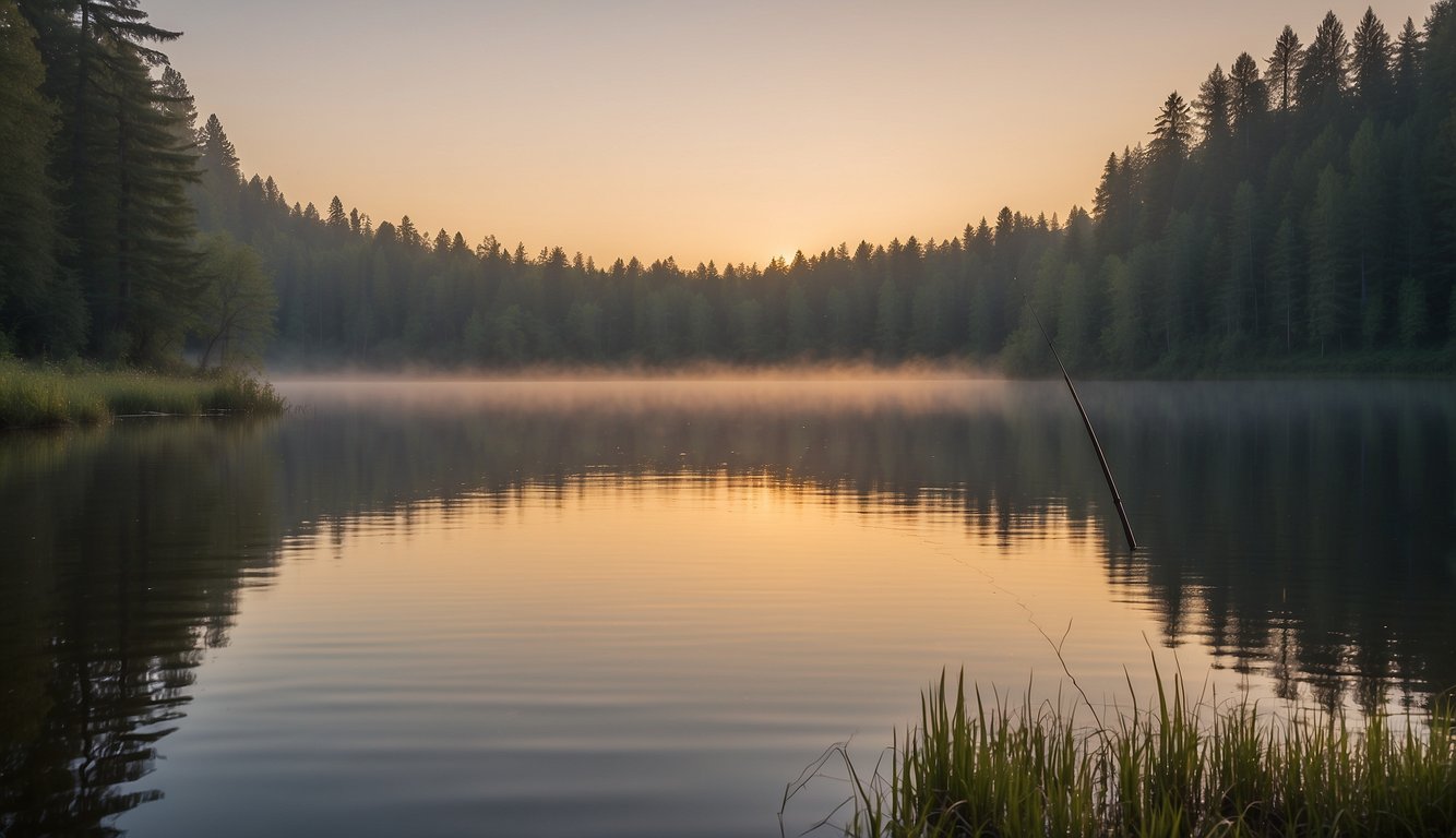 A serene lake at sunrise, with a lone fishing rod casting a line into the water. The stillness of the scene evokes a sense of spiritual reflection and the potential for a meaningful catch