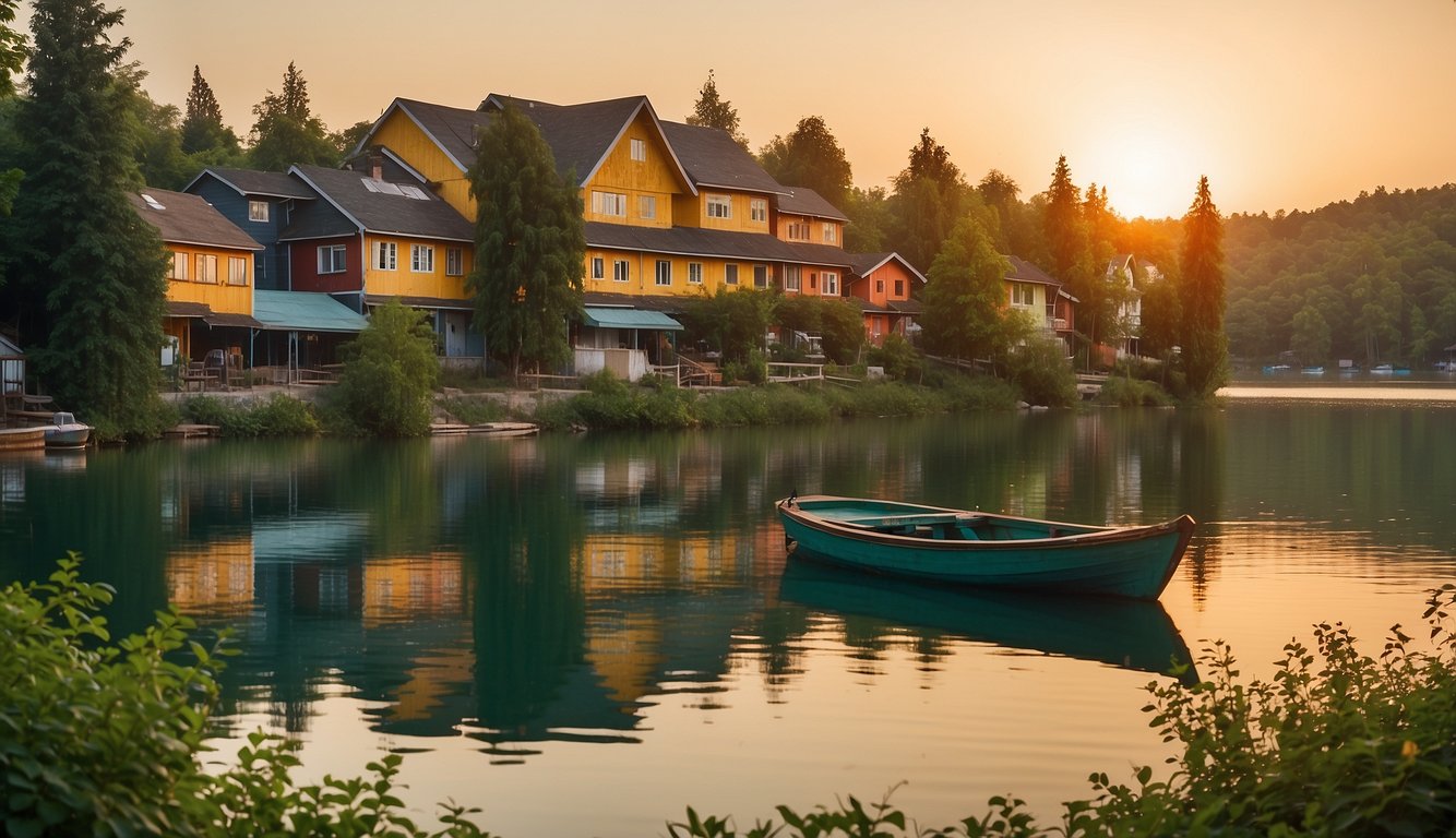 A serene lake with a lone fishing boat, surrounded by lush greenery and colorful houses, under a golden sunset