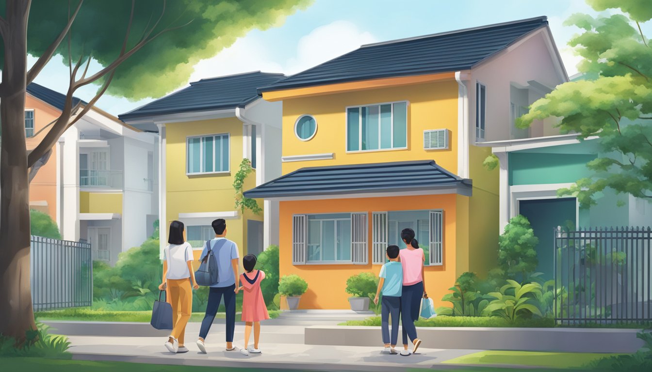 A family stands in front of a HDB home, discussing the benefits of the Home Protection Scheme in Singapore. The bright exterior of the building and the surrounding greenery create a sense of security and comfort