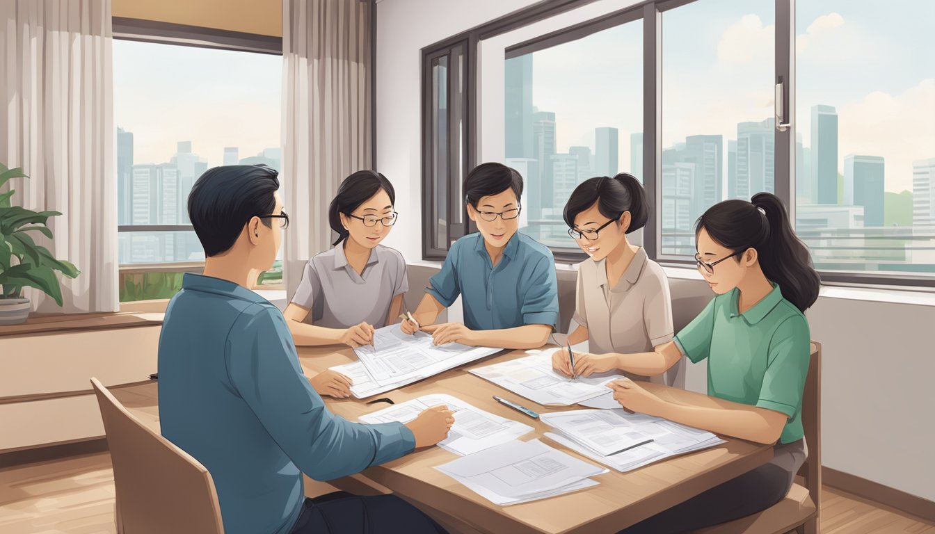 A family sits at a table, reviewing documents and making payments for their HDB home protection scheme in Singapore