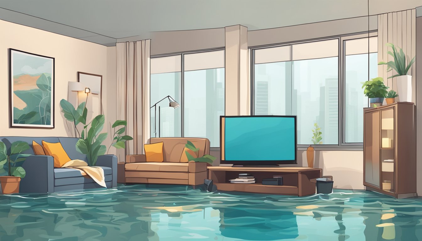 A cozy living room with a damaged TV and flooded floor, while a worried homeowner speaks on the phone with a representative from the HDB Home Protection Scheme in Singapore