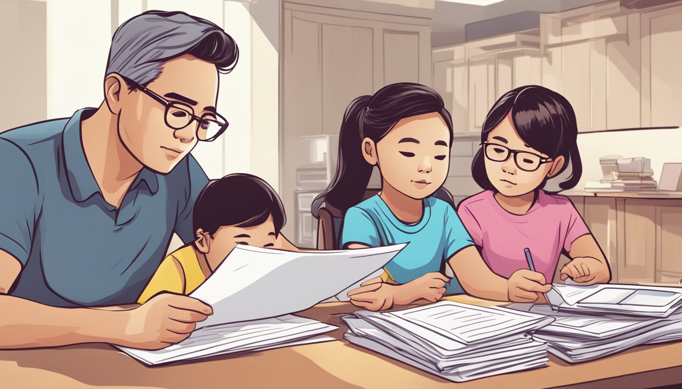 A family sits at a table, reviewing HDB housing loan insurance documents. A stack of papers and a calculator are spread out in front of them. The parents look serious, while the children seem curious