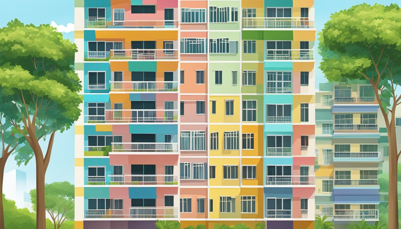 A colorful row of HDB flats in Singapore, with lush greenery and clear blue skies in the background