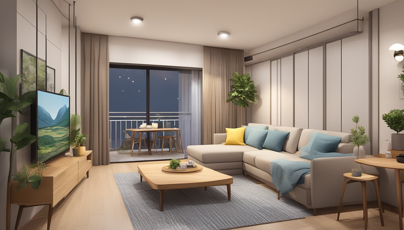 A cozy HDB flat with a warm, inviting atmosphere. The living room is furnished with comfortable sofas and a TV, while the kitchen is well-equipped for home-cooked meals. The bedroom is simple yet comfortable, with a large bed and ample storage