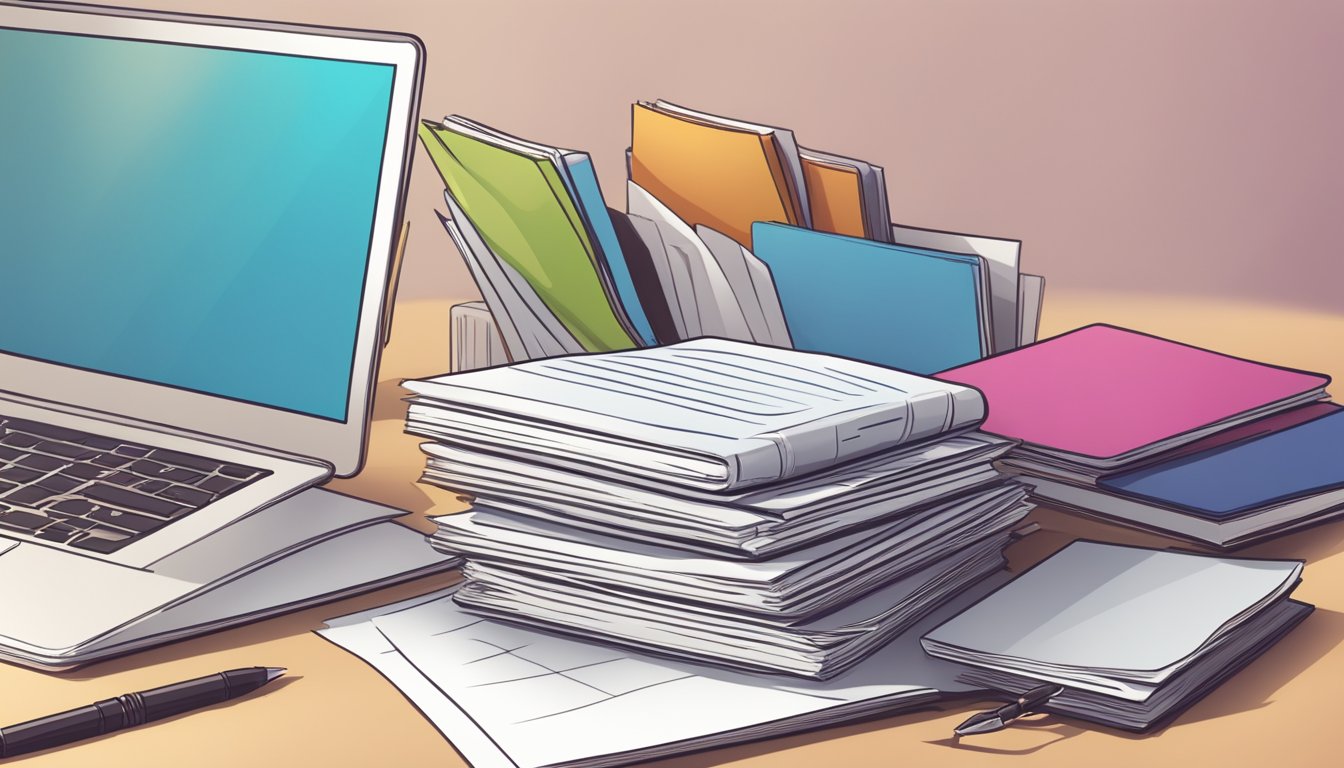 A stack of FAQ pamphlets on a clean desk, with a laptop and pen nearby