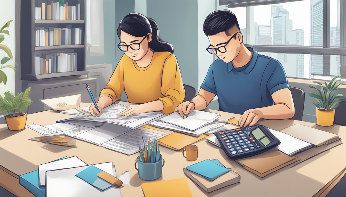 A couple sits at a table, calculating their HDB loan benefits using a calculator and referencing a document with HDB loan information