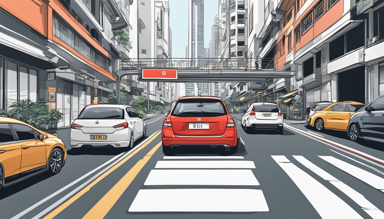A red and white HDB license plate hangs on a car in a bustling Singapore street