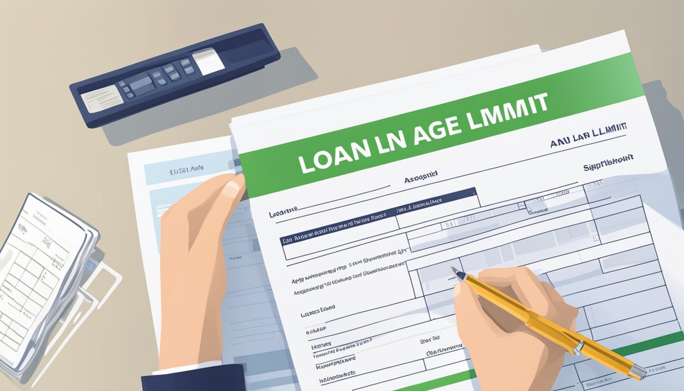 A hand holding a pen, filling out a loan application form with the words "HDB loan age limit Singapore" written at the top