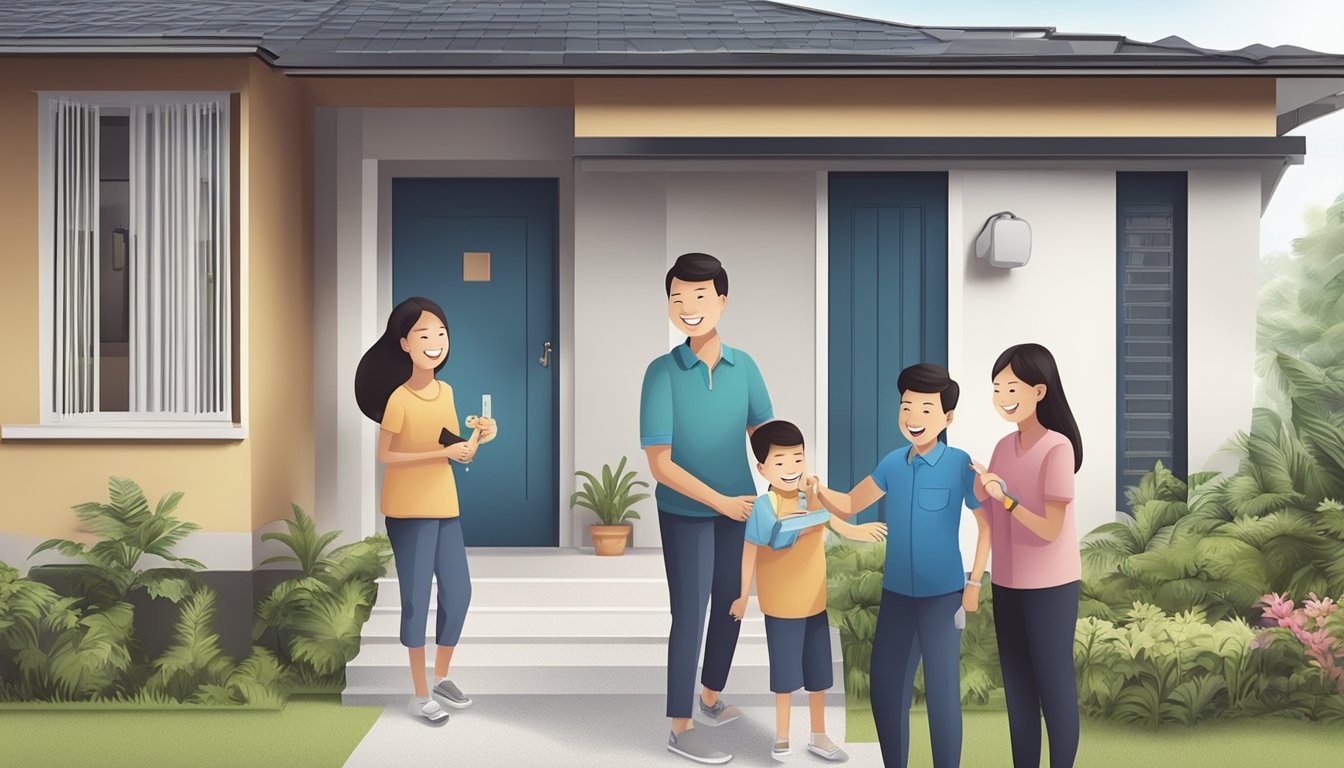 A family happily receives keys to their new home, symbolizing the benefits of housing grants and schemes in Singapore
