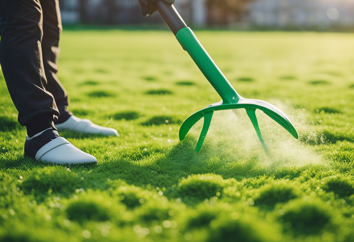 A person is preparing the lawn for spring by spreading fertilizer on the grass area