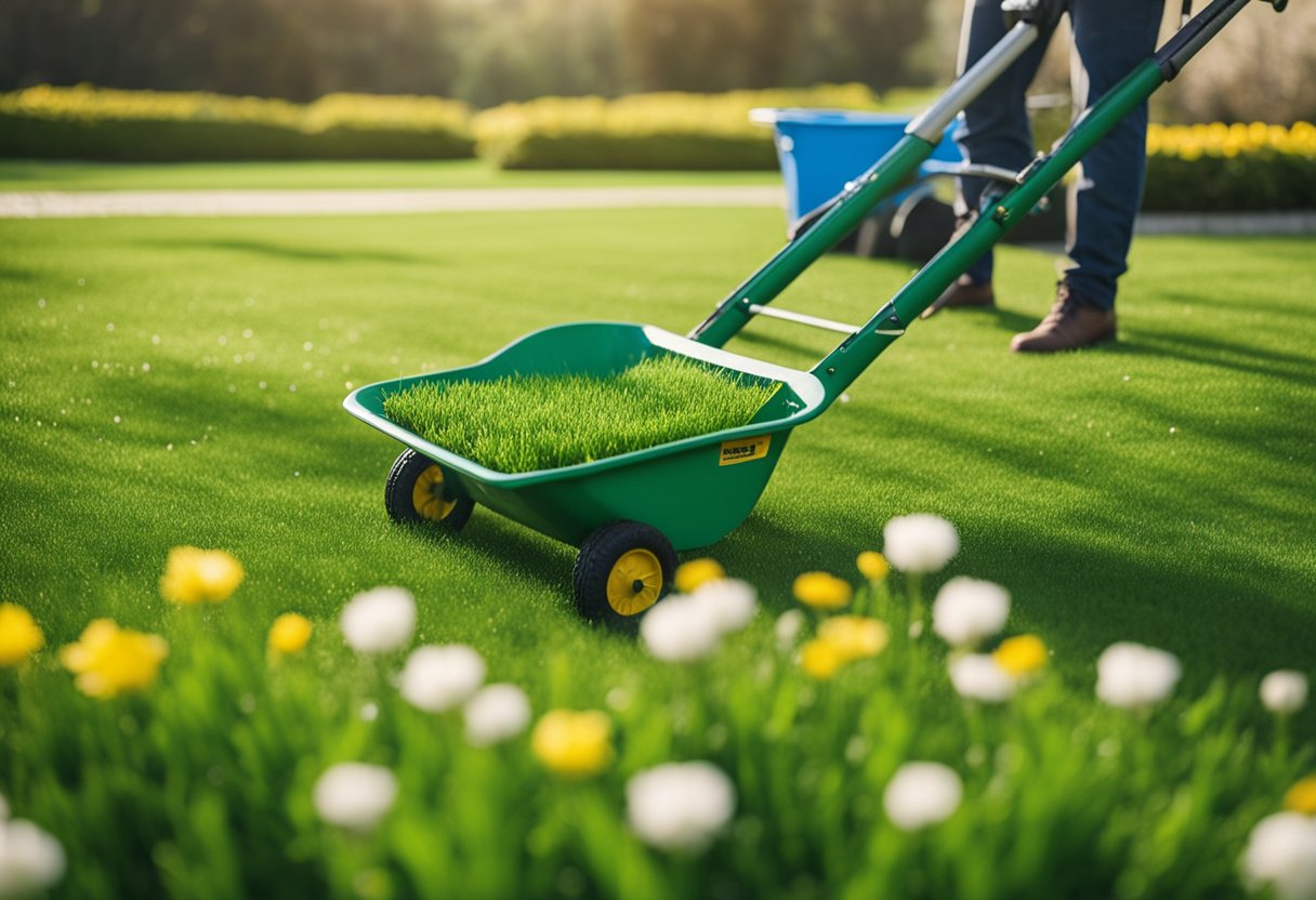 Fertilizing the lawn in spring with a spreader, green grass, and blooming flowers in the background