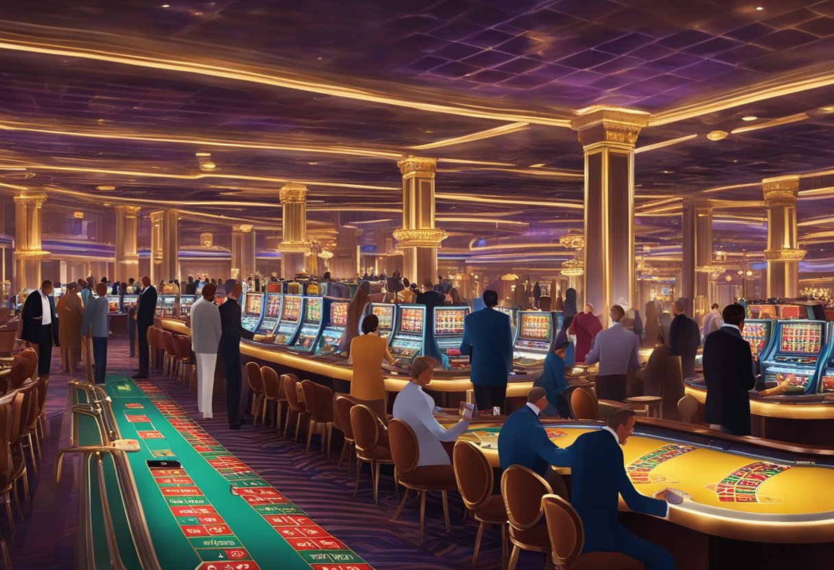 Brightly lit casino floor with rows of slot machines and card tables. Patrons in elegant attire mingle and play games, while servers carry trays of drinks. The atmosphere is lively and filled with anticipation