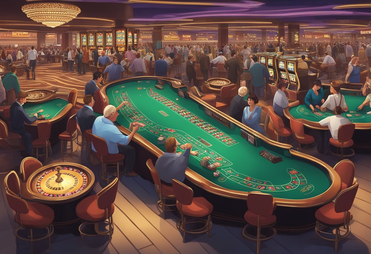 The bustling casino floor is filled with flashing lights and the sound of slot machines. Patrons eagerly place bets at the tables while the air is thick with the excitement and tension of gambling