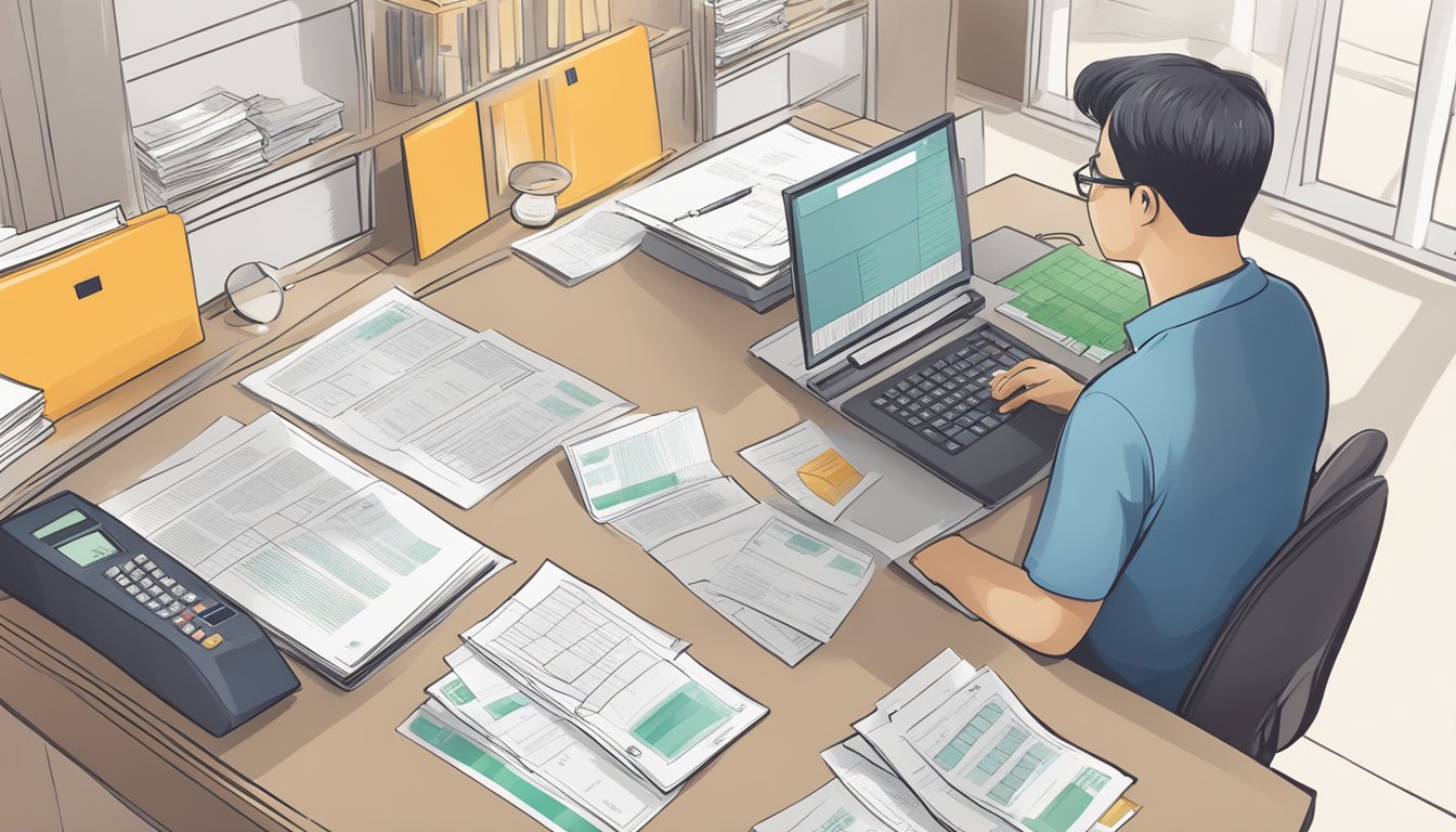 A person comparing HDB and bank loan options in Singapore, with documents and calculators on a desk