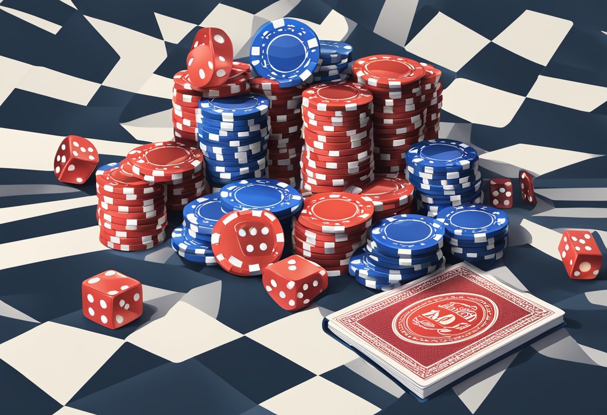 A stack of casino chips surrounded by playing cards and dice, with the Book of Casino logo in the background