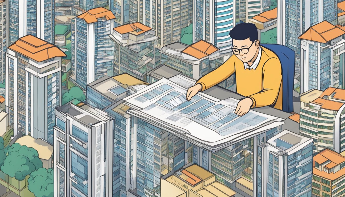 A person compares HDB and bank loans in Singapore, surrounded by real estate listings and financial documents