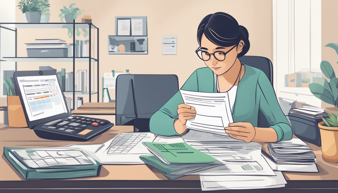 A person sitting at a desk, using a calculator to figure out loan repayment strategies, with a CPF statement and a HDB loan document in front of them