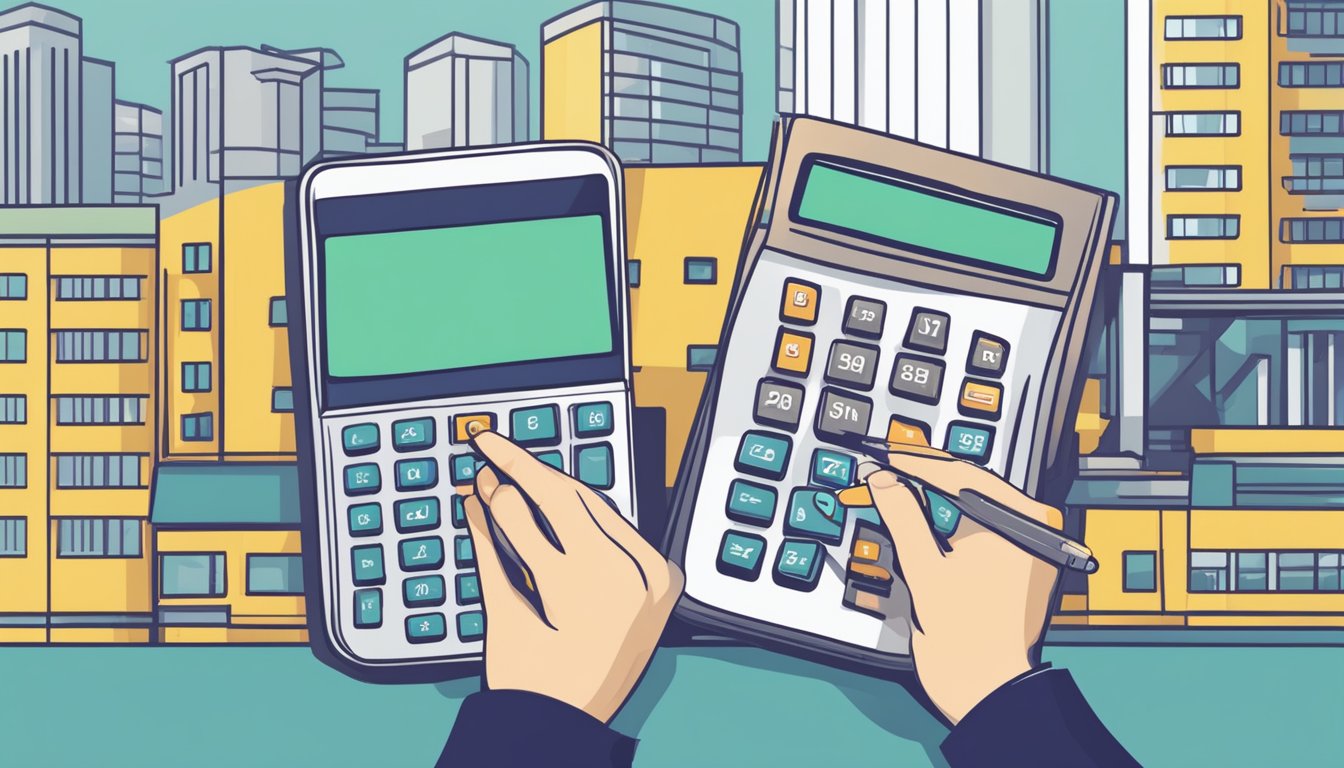 A person uses a calculator to compare HDB and bank loan options in Singapore