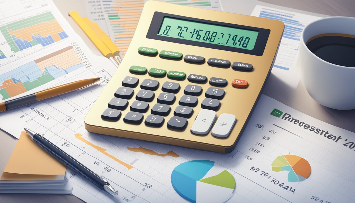 Interest rates fluctuate on a graph, while repayment strategies are displayed in a spreadsheet. The calculator sits on a desk, surrounded by financial documents