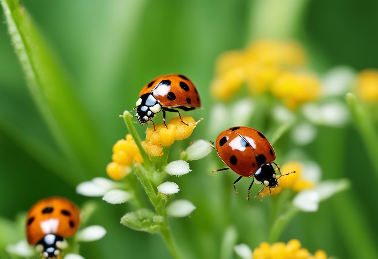 Ladybugs, lacewings, and parasitic wasps swarm around a patch of aphid-infested plants, feasting on the tiny pests. The garden is alive with the activity of natural predators, keeping the aphid population in check