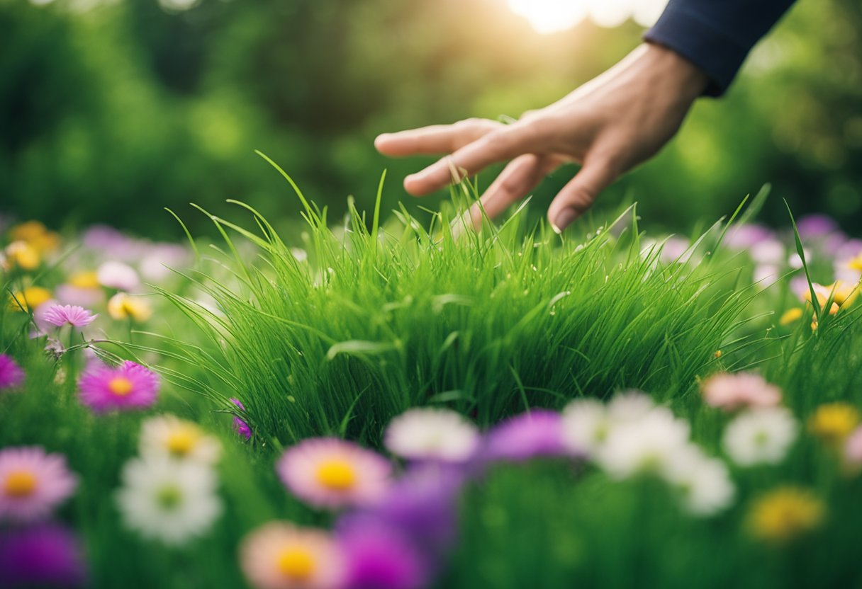 A hand reaching for a bag of premium grass seed, surrounded by lush green grass and vibrant flowers